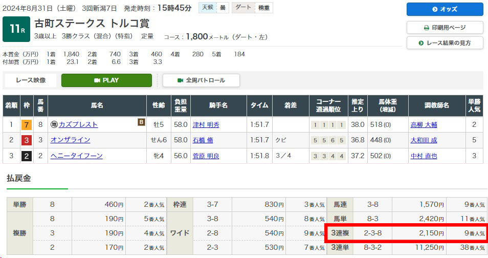 【無料予想】2024年8月31日(土)新潟11R結果